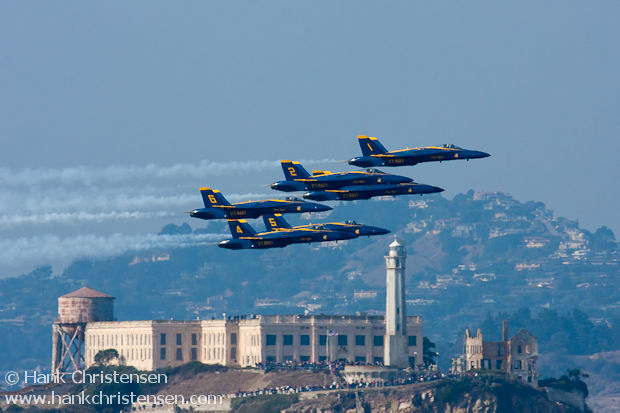 The Blue Angels fly in formation in front of Alcatraz