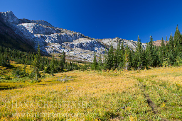 Limestone cliffs tower above the Imnaha River Valley, Eagle Cap Wilderness, Oregon