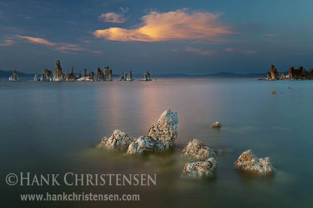 Clouds hang over the tufa at sunset, Mono Lake, CA