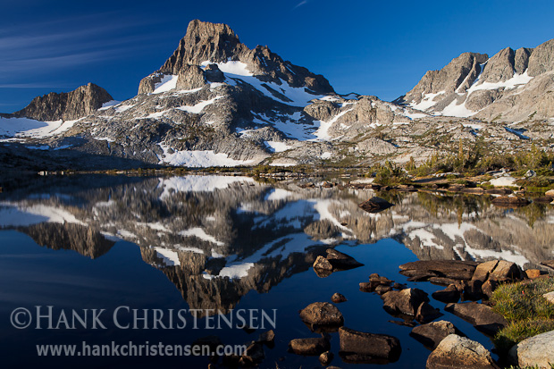 Banner Peak is reflected in Thousand Island Lake at dawn, Ansel Adams Wilderness