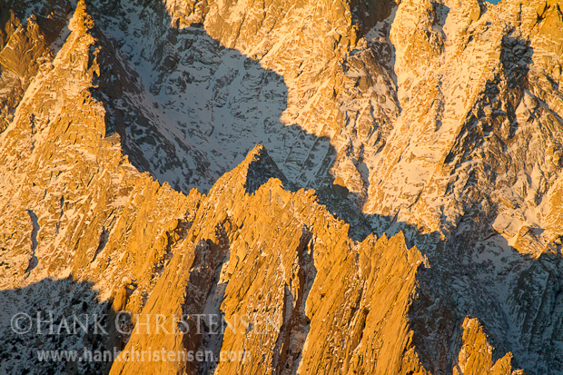 Snow, rock, shadow and light combine to illustrate the steep slopes of Mt. Langley at dawn