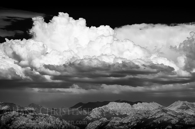 Clouds build over the northern mountains of Yosemite National Park. In the summer, afternoon thunder storms are common, often lasting less than an hour.