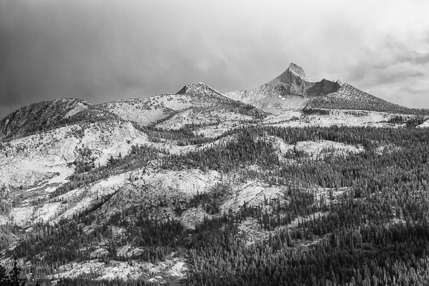 A late afternoon thunderstorm moves across the sky over Mt. Clark, Yosemite National Park