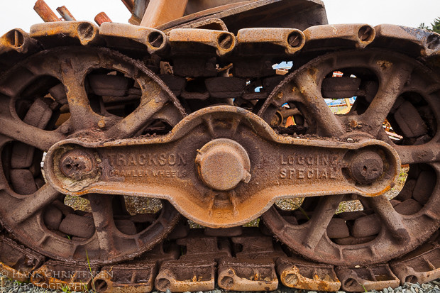 Ancient logging machinery rusts in the damp weather of Charleston Oregon